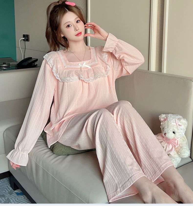 Siensien - Pyjamaset: lange mouwen, vierkante hals, strik, ruches, gewatteerde top + elastische taille, effen rechte broek