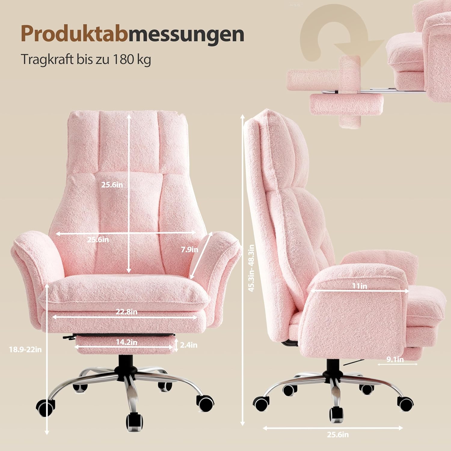 Bürostuhl Chefsessel Ergonomisch, Gaming Stuhl mit Fußstütze & 135° Verstellbarer Rückenlehne, Drehstuhl mit klappbaren Armlehnen, Hochlehner aus Teddy-Fleece Stoff – Rosa