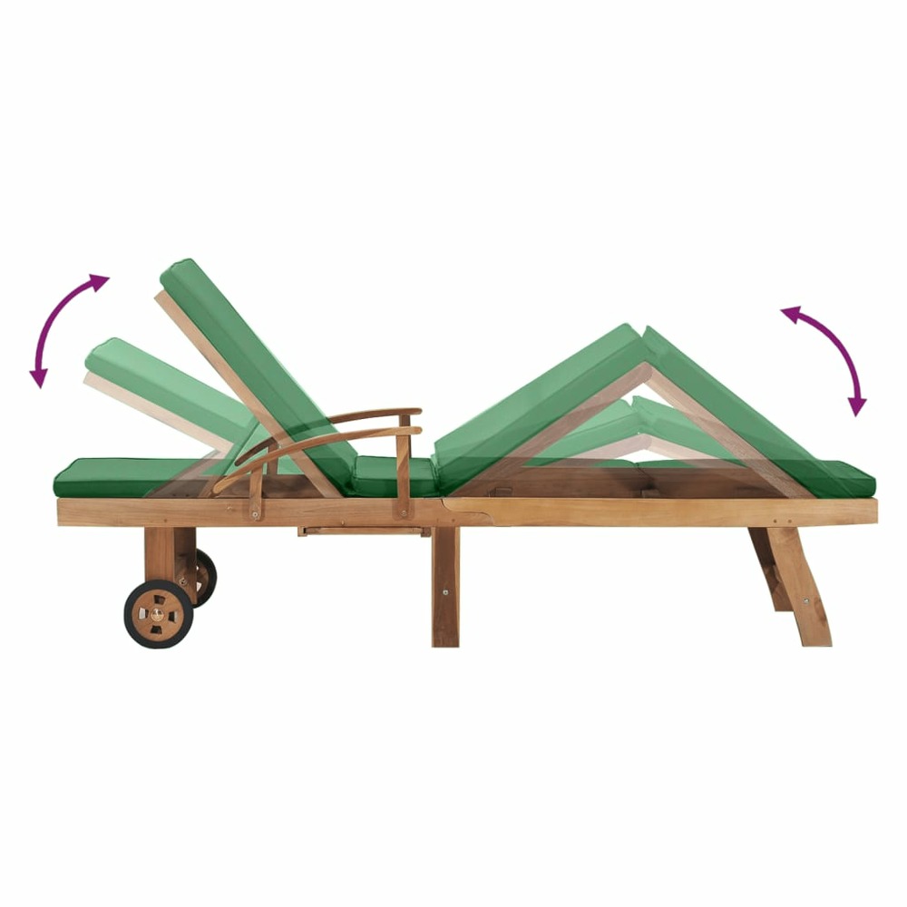 Transat chaise longue bain de soleil lit de jardin terrasse meuble d'extérieur avec coussin bois de teck solide vert 02_00124
