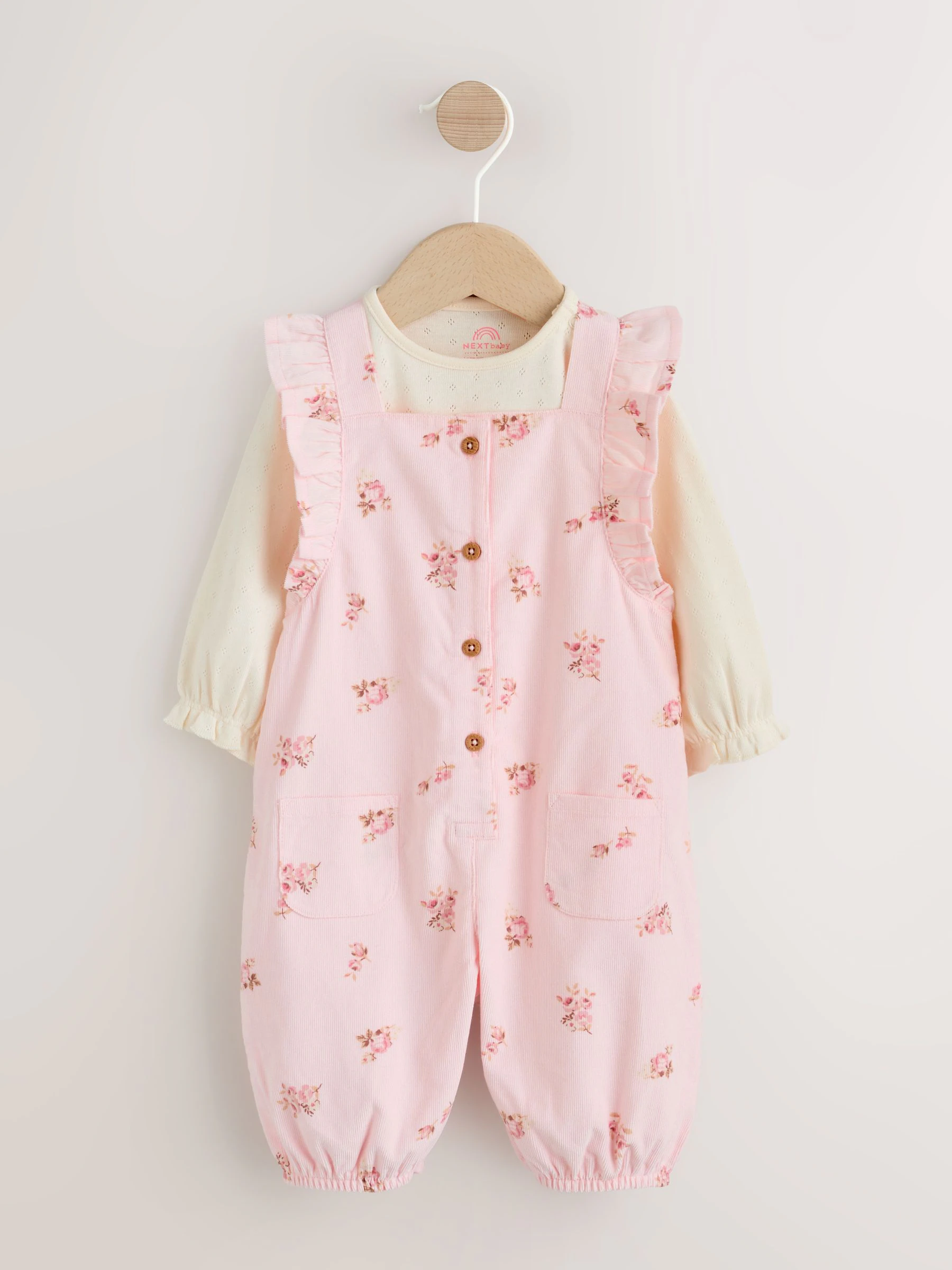 Lichtroze met fijne print - Baby Print Bodysuit met Lange mouwen en Corduroy bretelbroeken Set 2 Pieces (0mnd -2jr)