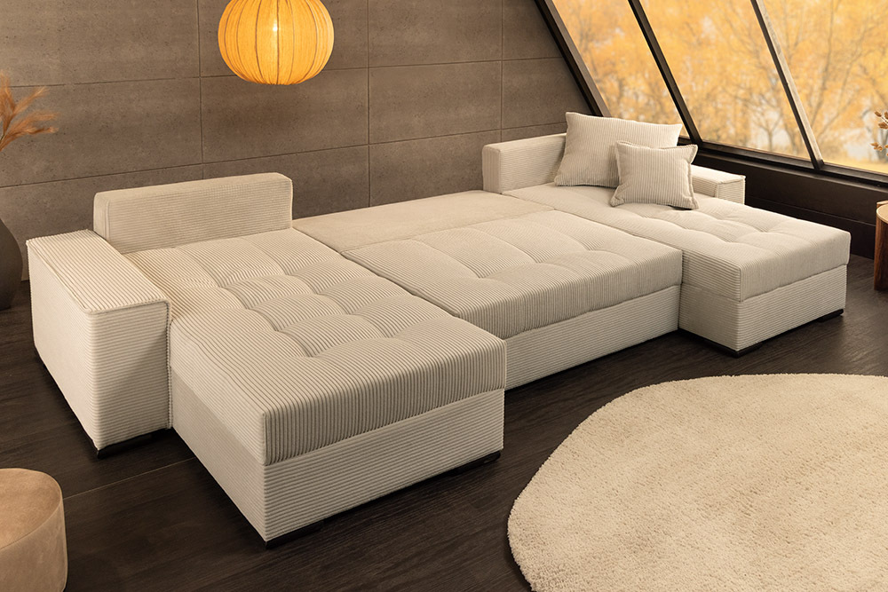 XXL Wohnlandschaft LODGE 315cm champagner beige Cord Sofa mit Schlaffunktion