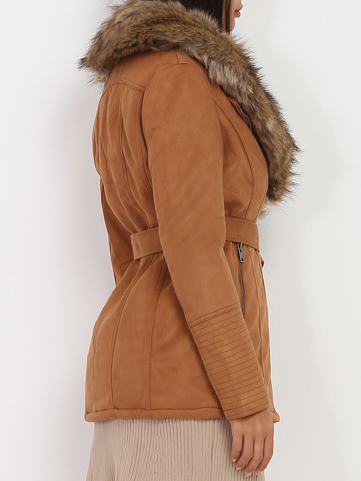 Manteau suédine à fausse fourrure- Camel