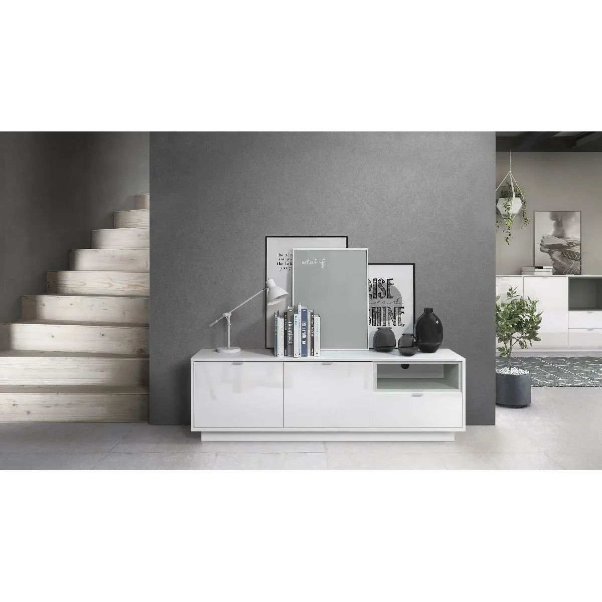 MPC Meuble TV Blanc Béton LED