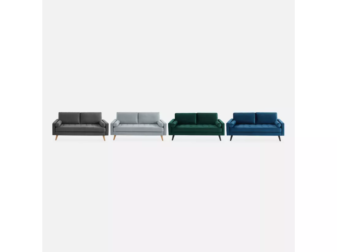Canapé en tissu gris foncé. 3 places scandinave fixe. droit. pieds bois