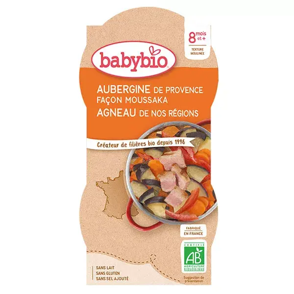 Lancheira Babybio com Berinjela e Cordeiro Orgânico +8m 2 x 200g