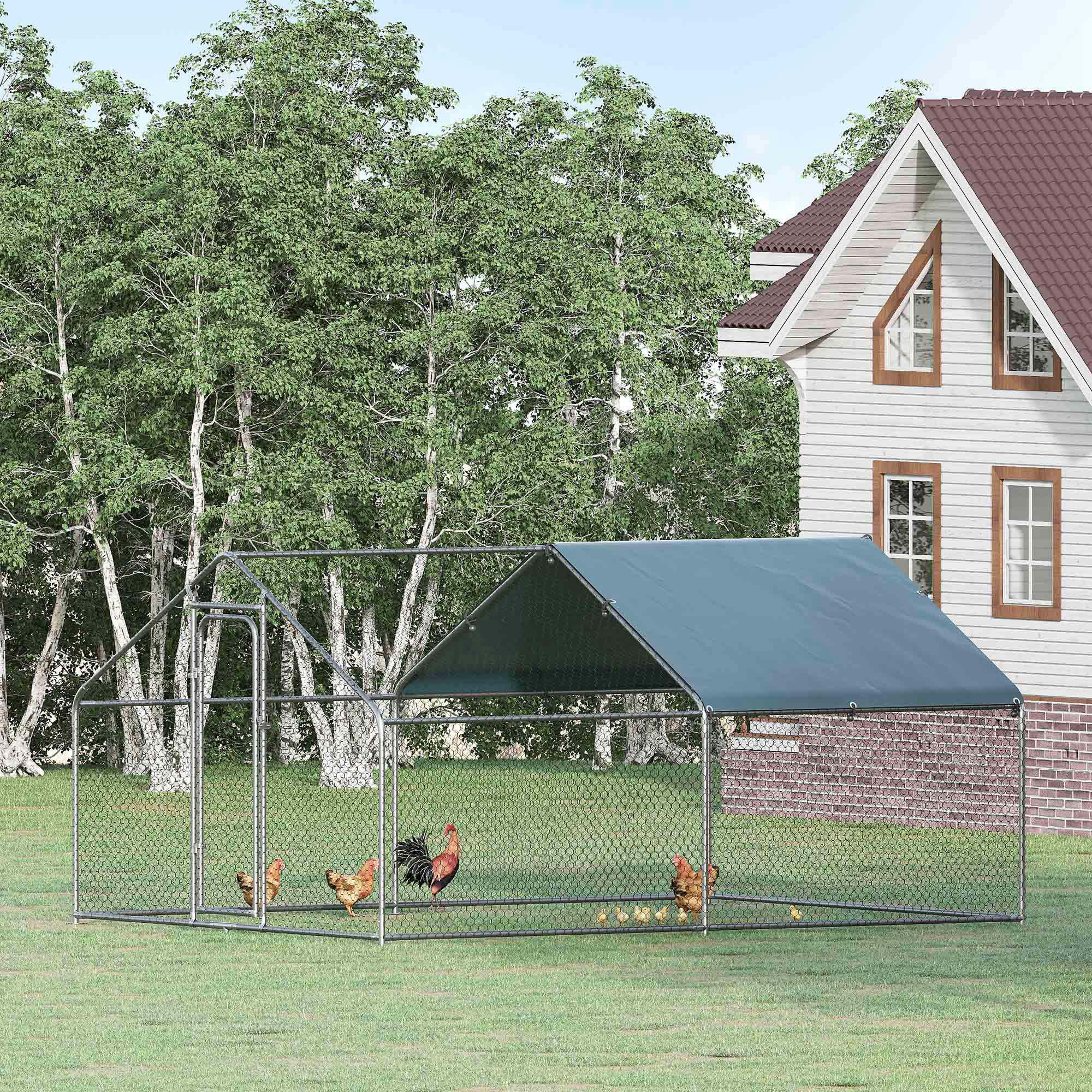 Gaiola grande para aves PawHut, em metal galvanizado, para uso externo, 3x4x1,95 m, com porta e cobertura em tecido Oxford, resistente a raios UV e à água, ideal para pátios, cor prata.