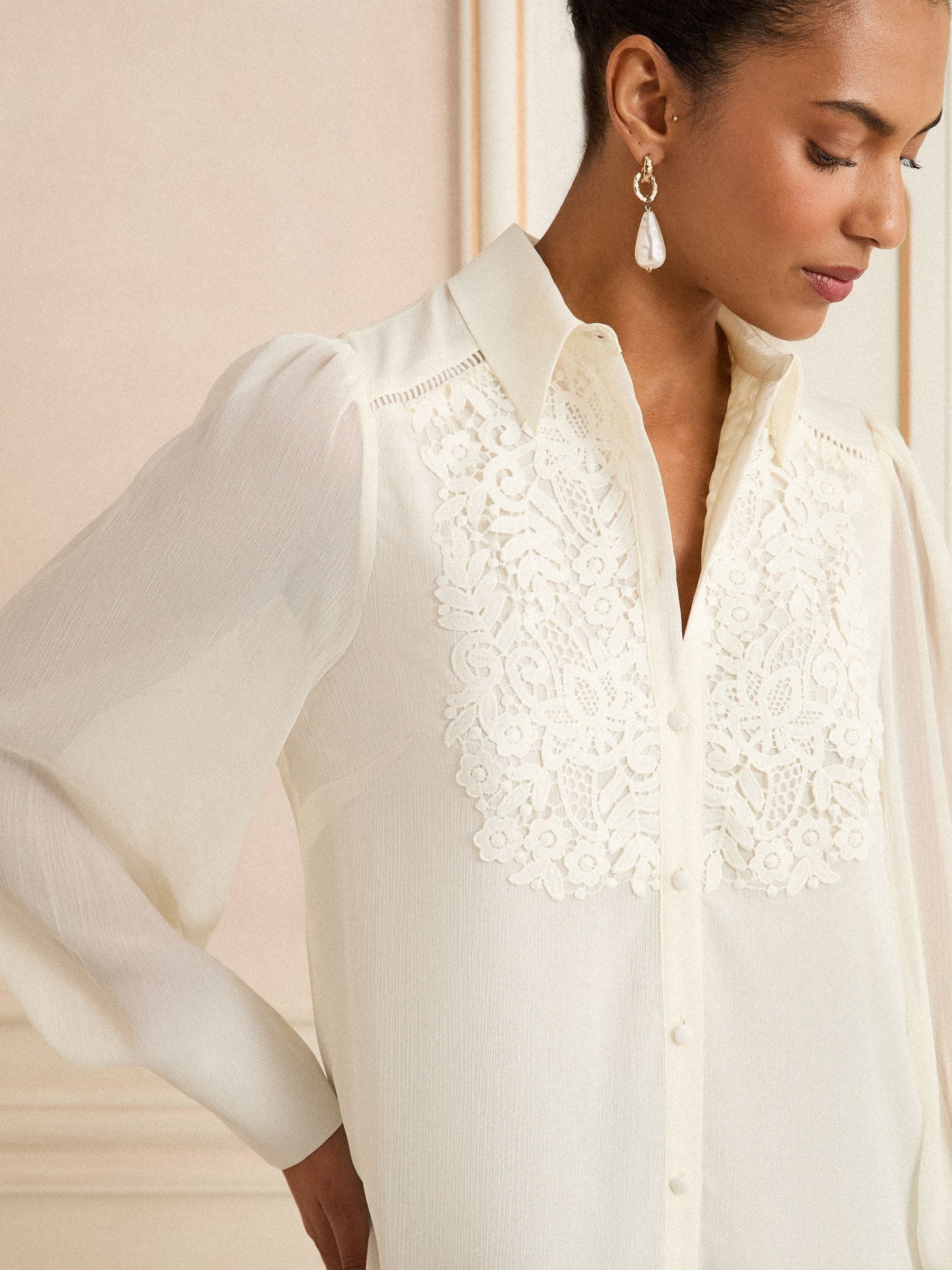 White Ecru Lace - Love & Roses Centre Long Sleeve Shirt