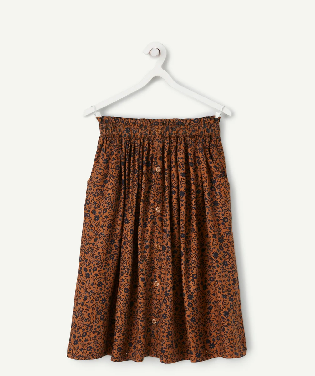 JUPE LONGUE FILLE EN VISCOSE REPONSABLE IMPRIMÉE FLEURIE MARRON ET NOIR