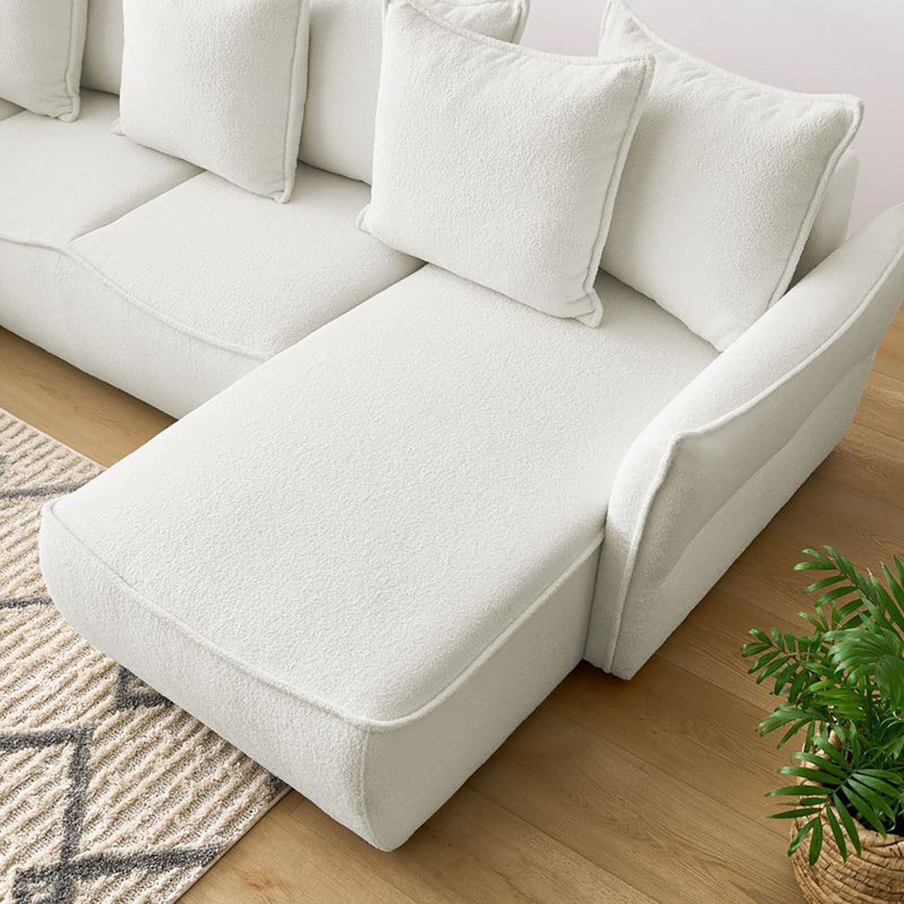 Bobochic Canapé panoramique convertible coffre d'angle droit bouclette léon blanc - 320x194x90 cm