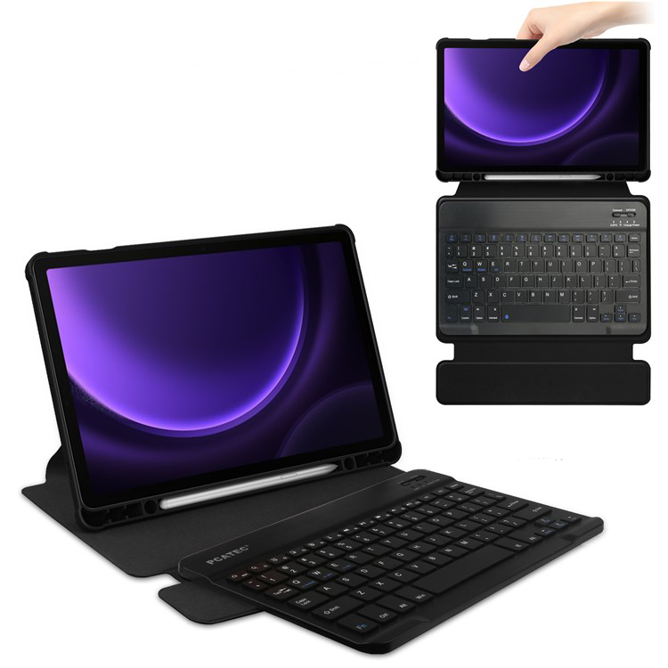 2in1 Samsung Galaxy Tab S10 FE / Tab S9 FE Leder Tasche mit Acryl Rückseite   Magnet Bluetooth Tastatur   S-Pen Halterung (QWERTY) - Schwarz