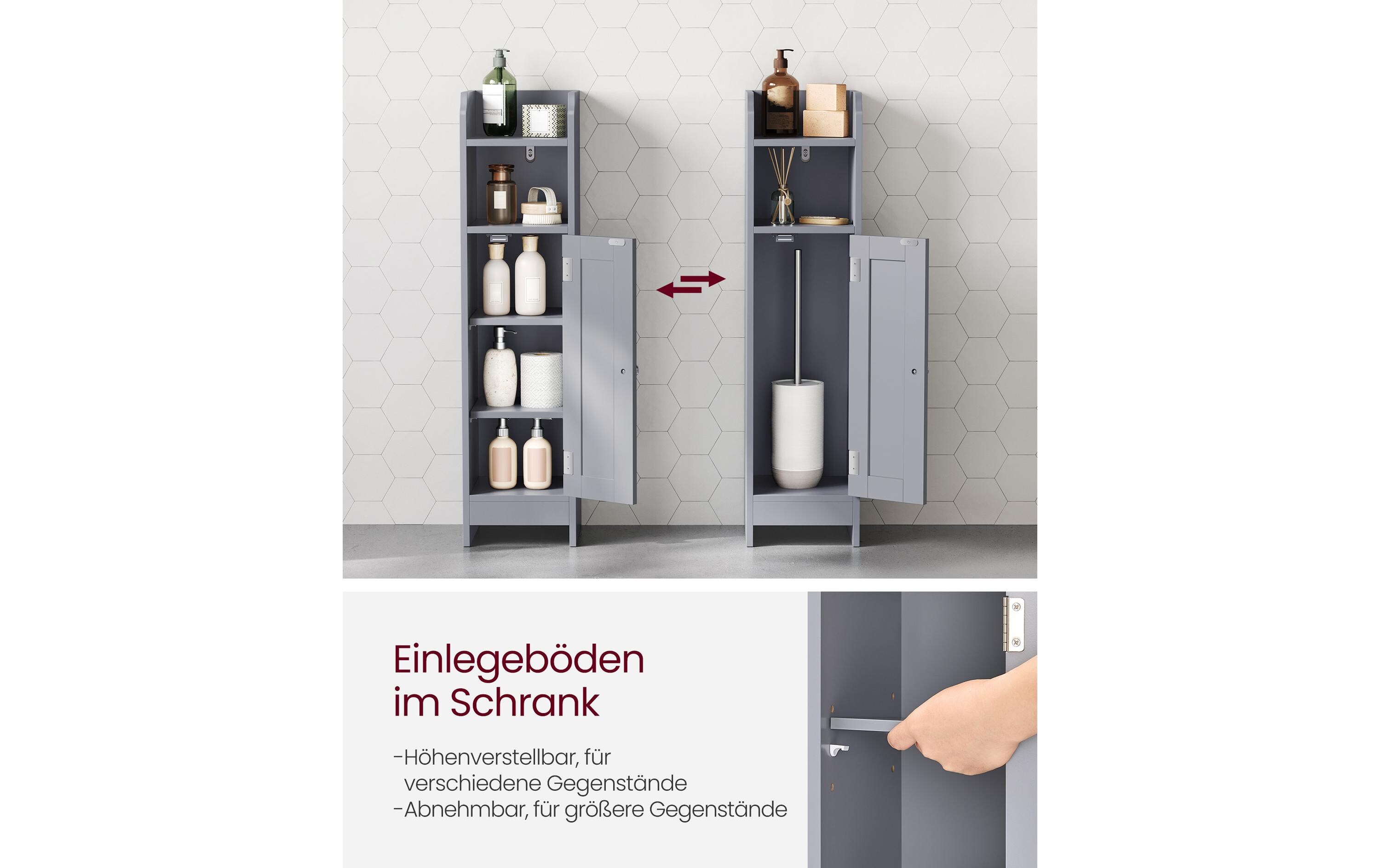 Badezimmer-Schrank 18 x 80 cm, GrauSchmaler Schrank für das Badezimmer mit Tür und 2 Ablagen