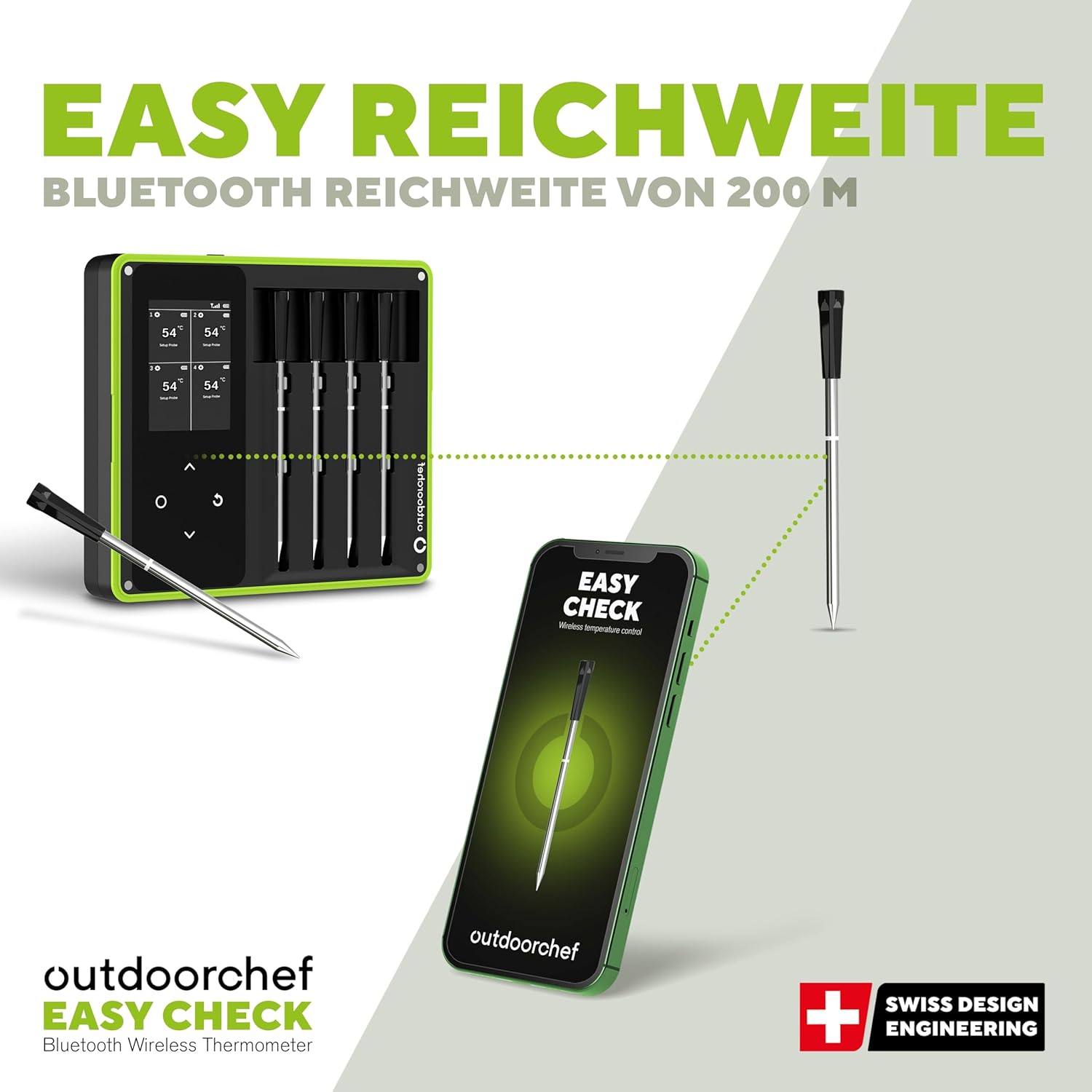 Outdoorchef Easy Check Thermometer Quadro – Wireless Bluetooth BBQ‑Thermometer mit App, 4 Fühler, 200m Reichweite, spülmaschinenfest, inkl. magnetischer Dockingstation