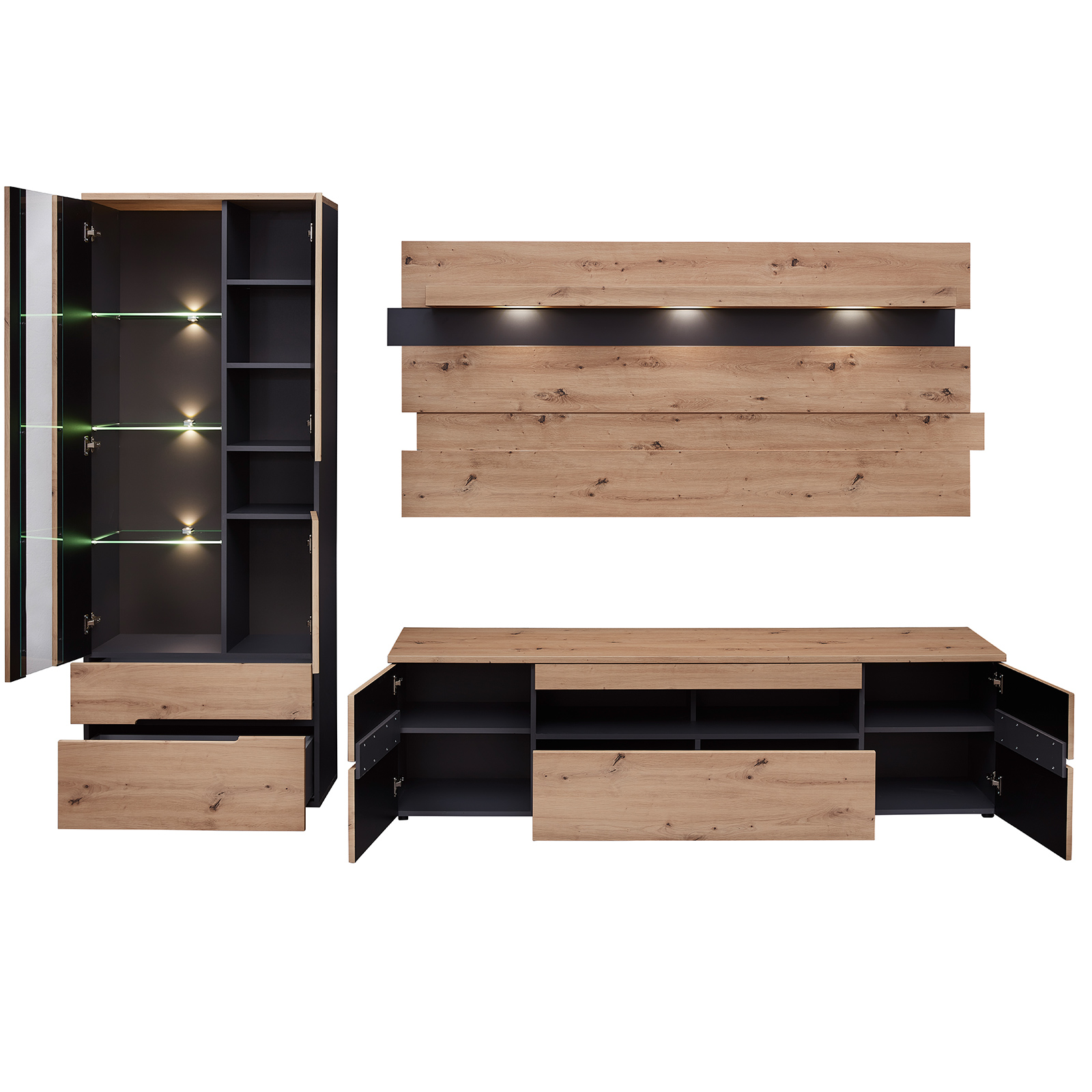 Standvitrine - Artisan Eiche - Graphit - mit Beleuchtung