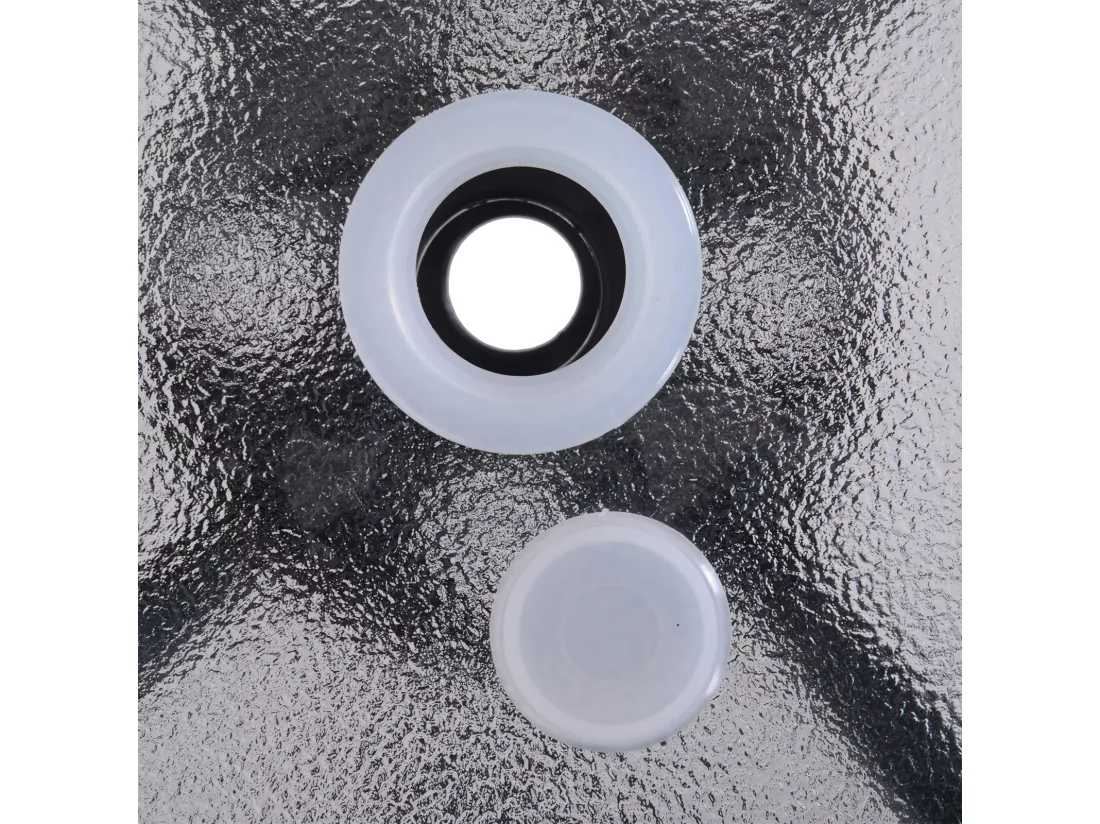Table ronde bistro de jardin dim. Ø 80 x 72H cm espace installation parasol acier époxy noir plateau verre trempé