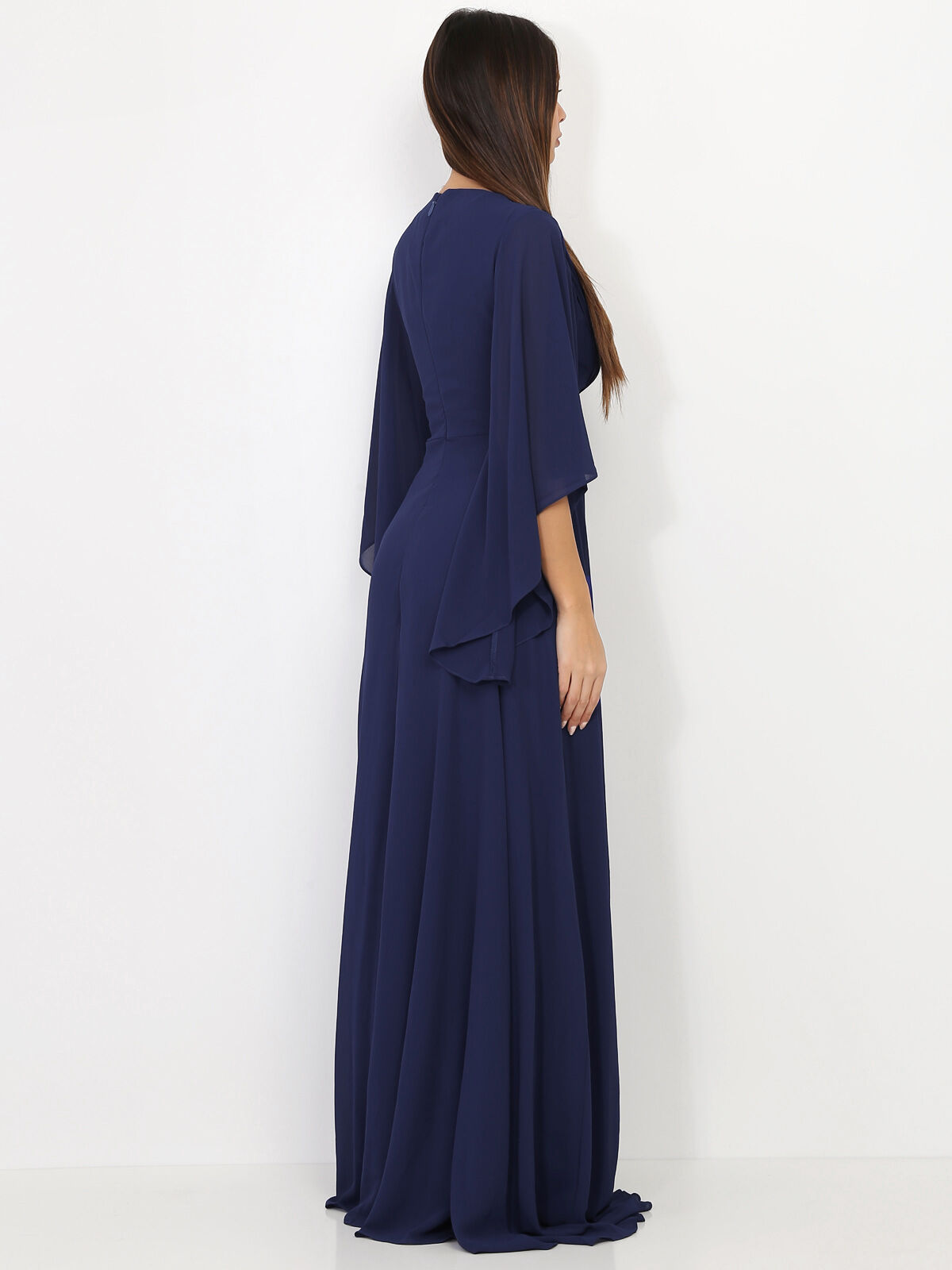Robe longue drapée à manches volants- Bleu marine