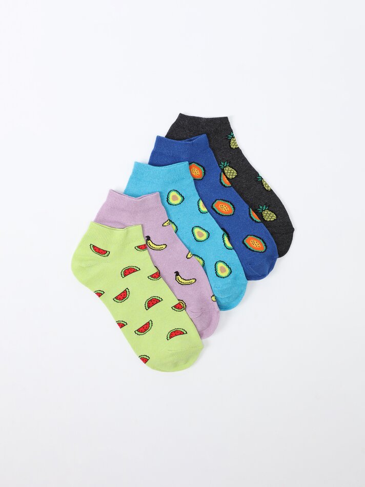 Pacote com 5 pares de meias curtas estampadas - Cores variadas