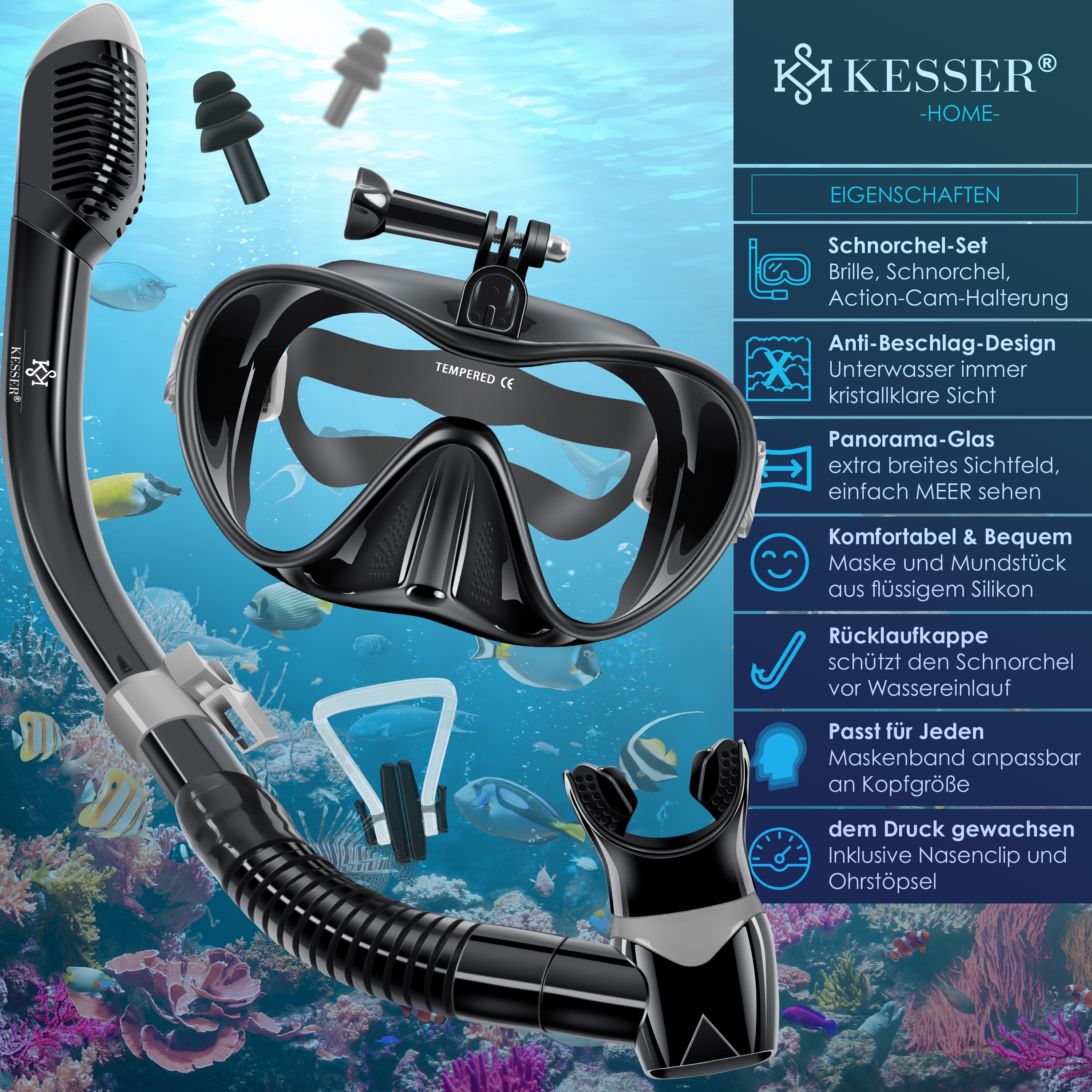 KESSER® Schnorchelset Profi Taucherbrille Schnorchelmaske Tauchset Erwachsene Tauchmaske - Inkl. Action-Cam Halterung - Antibeschlag und Anti-Leck für Freitauchen und Schnorcheln Set Taucherbrille