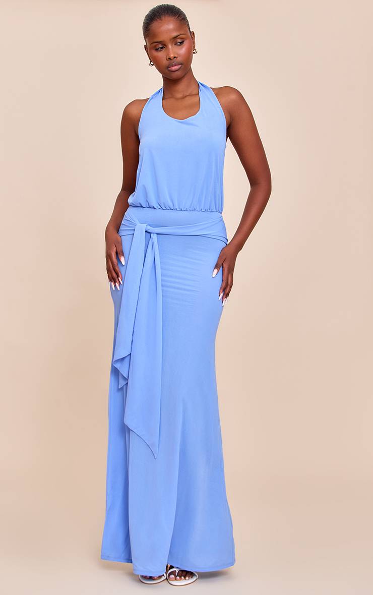 Bleu Vif Robe Longue En Mousseline Double Épaisseur Col Licou Avec Découpe