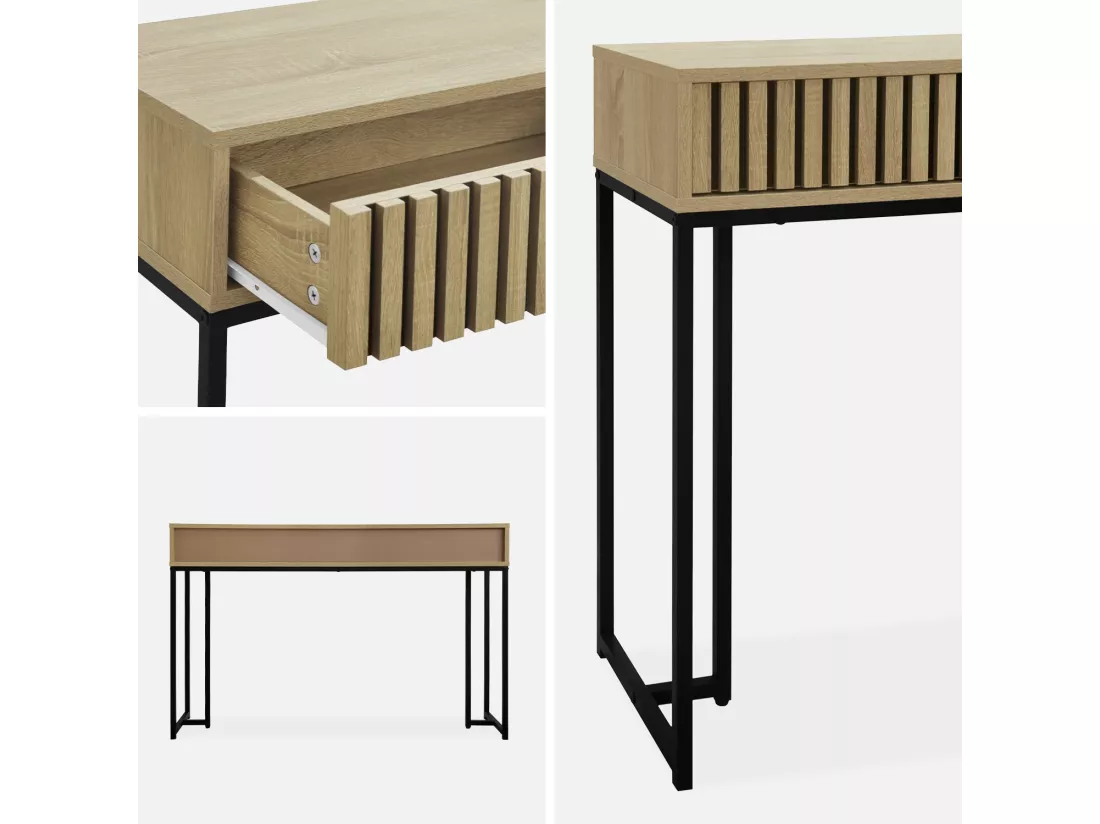 Console contemporaine avec 2 tiroirs en décor bois rainuré. structure et piètement en métal noir