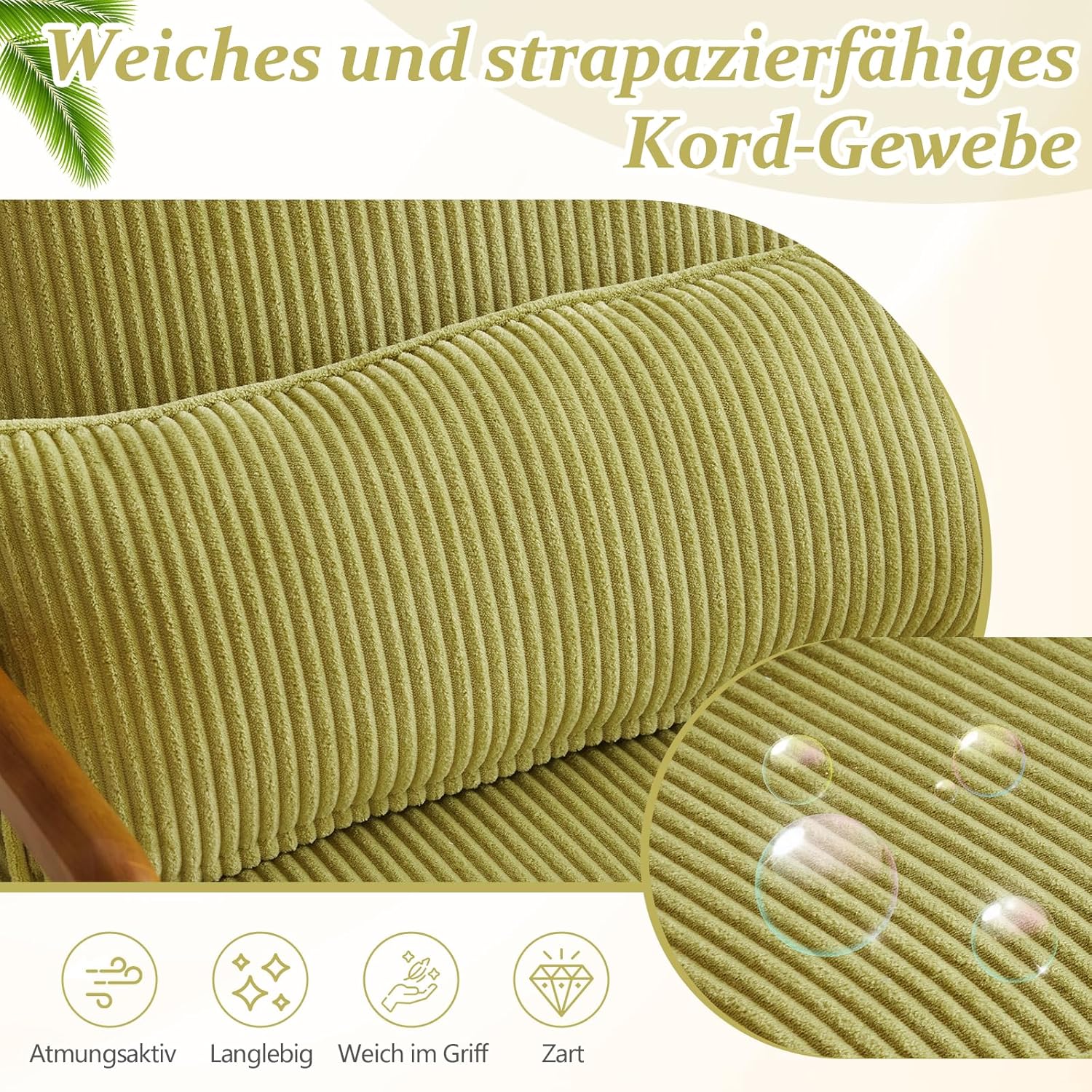 Bonnlo Sessel Gepolsterter Cocktailsessel, Moderner loungesessel, Ohrensessel für Wohnzimmer, Polsterstuhl mit Massivholz, Lesesessel, bis 200 kg belastbar, Cord-Stoff (Grün)