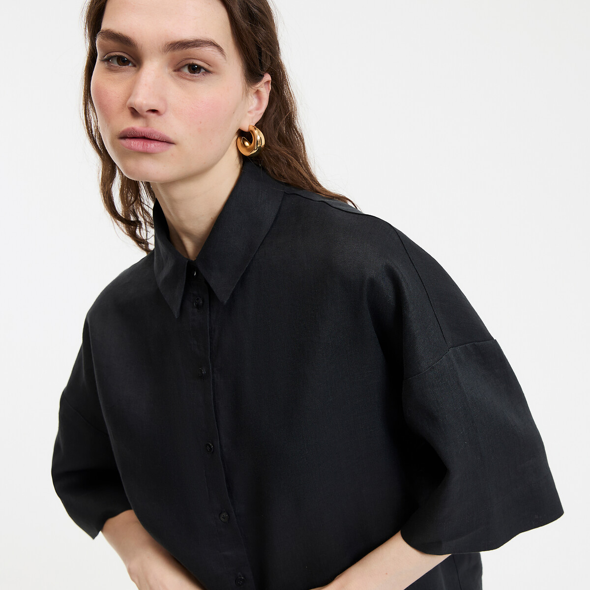COLEÇÕES LA REDOUTE<br>Camisa de linho folgada com mangas até o cotovelo ÂMBAR