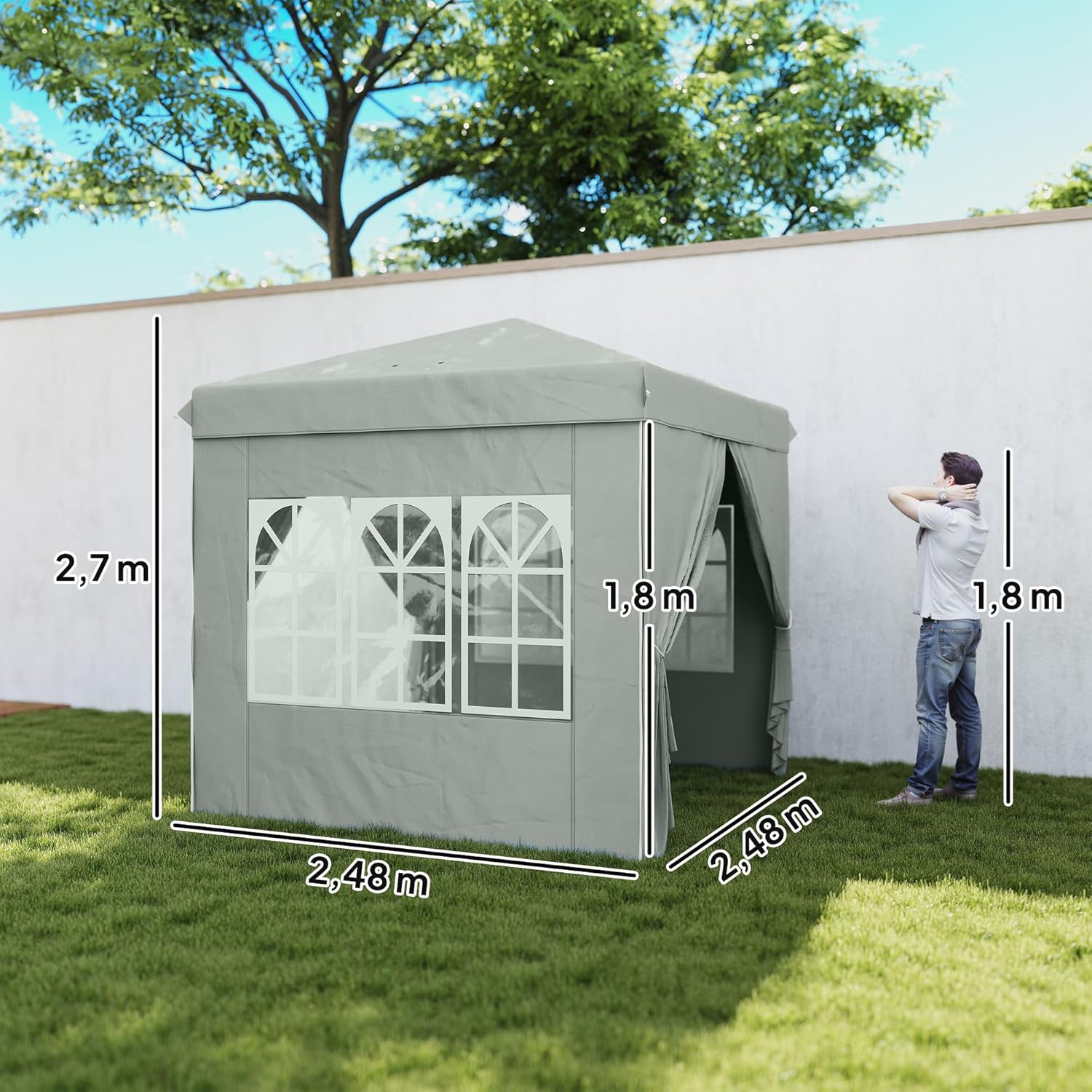 Outsunny Pavillon 2,5x2,5m, wasserabweisend Stabil Winterfest Pop-up Faltpavillon, UV Schutz 50+, Faltbar Partyzelt Gartenzelt mit 4 Seitenteilen Tasche Gartenpavillon für Camping Garten, Hellgrau