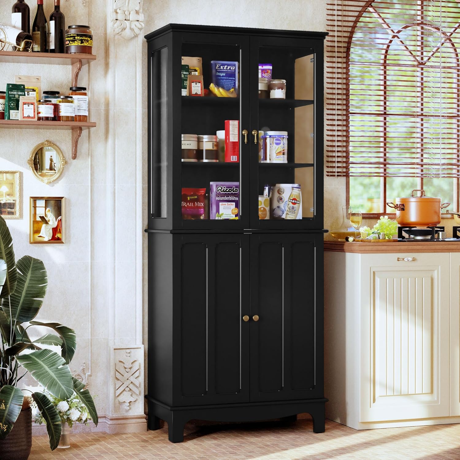Freistehender Küchenschränke mit Glastür, Glasküchenschrank Vitrinen Klassischer Hoher Schrank mit Glastür und Verstellbaren Regalen für Küche, Wohnzimmer und Esszimmer, Schwarz