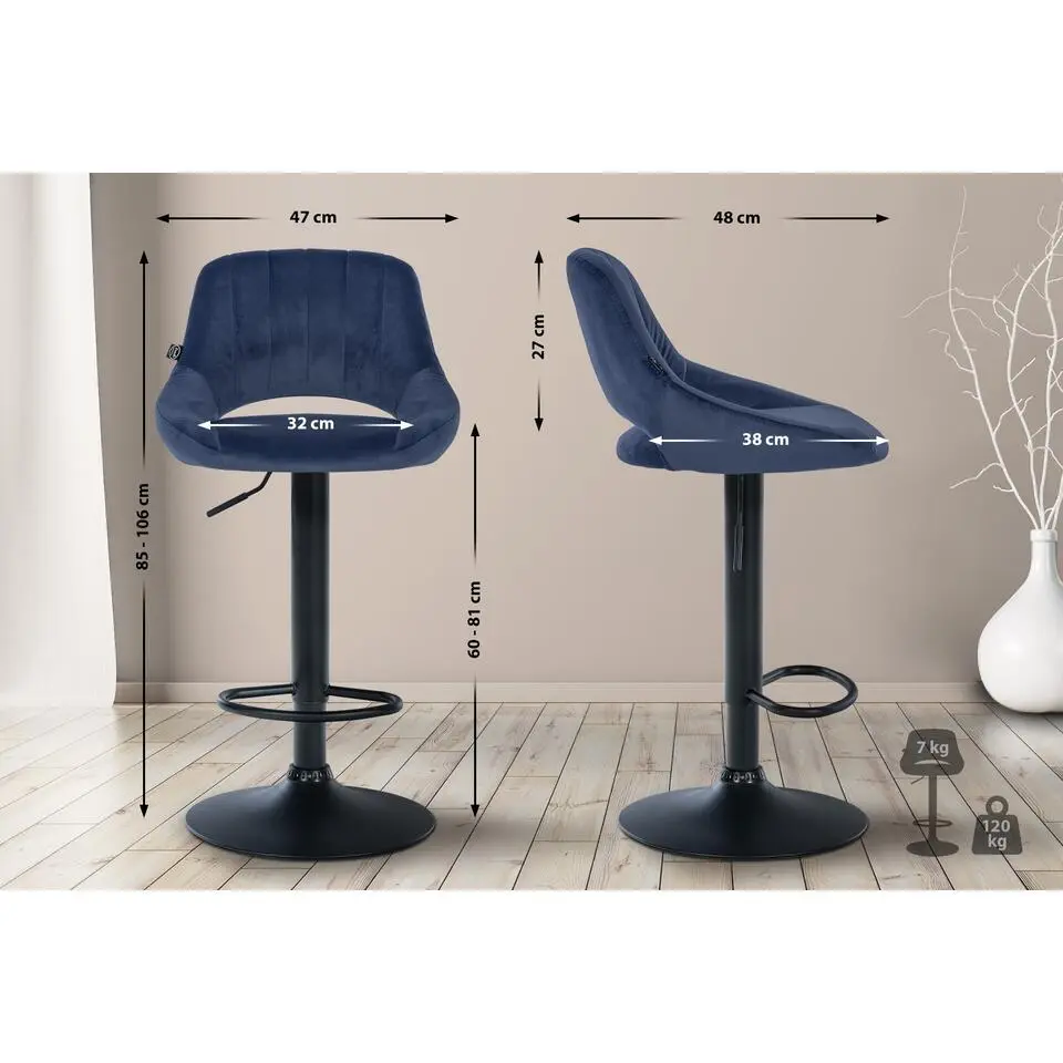 CLP Barkruk Milet zwart Frame - Fluweel - blauw
