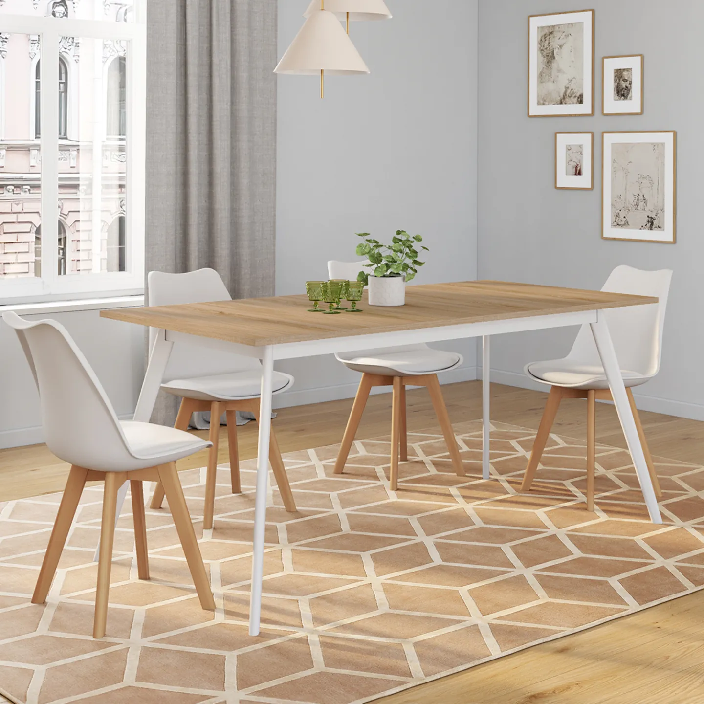 Table scandinave extensible rectangle INGA 6-10 personnes plateau bois pieds blancs 160-200 cm