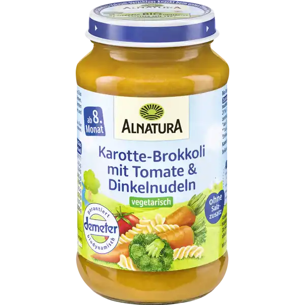 Bio vegetarisches Menü Karotten, Brokkoli mit Tomaten & Dinkelnudeln