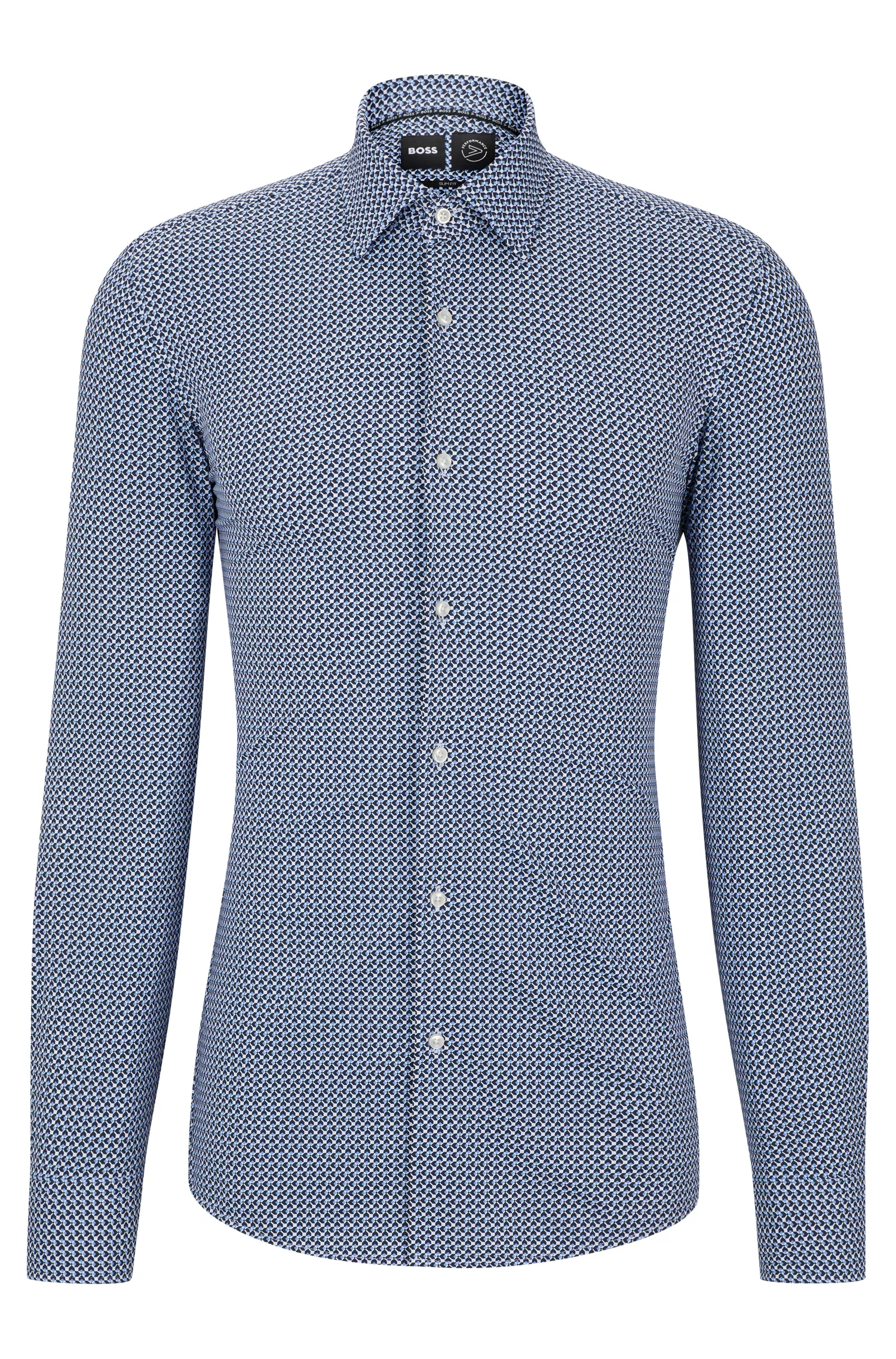 Camisa BOSS preta de corte slim em tecido elástico de alta performance com estampa.