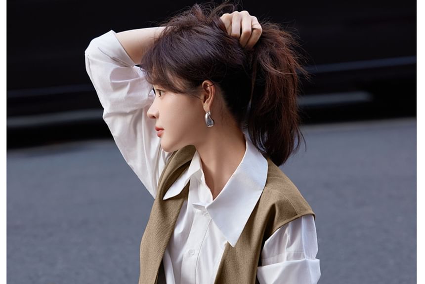 Jeonseon - Set: V-hals effen dubbelrijs vest + middelhoge effen wijde broek
