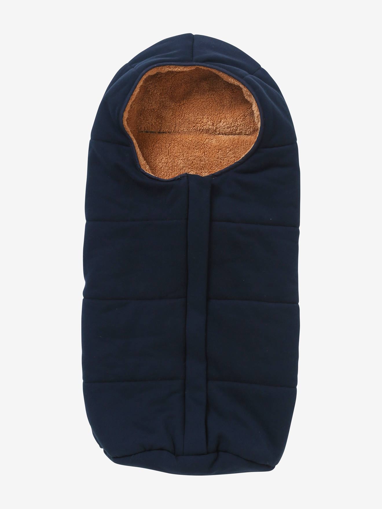 Bolsa de carrinho de bebê de pelúcia com forro de malha azul-escuro liso.