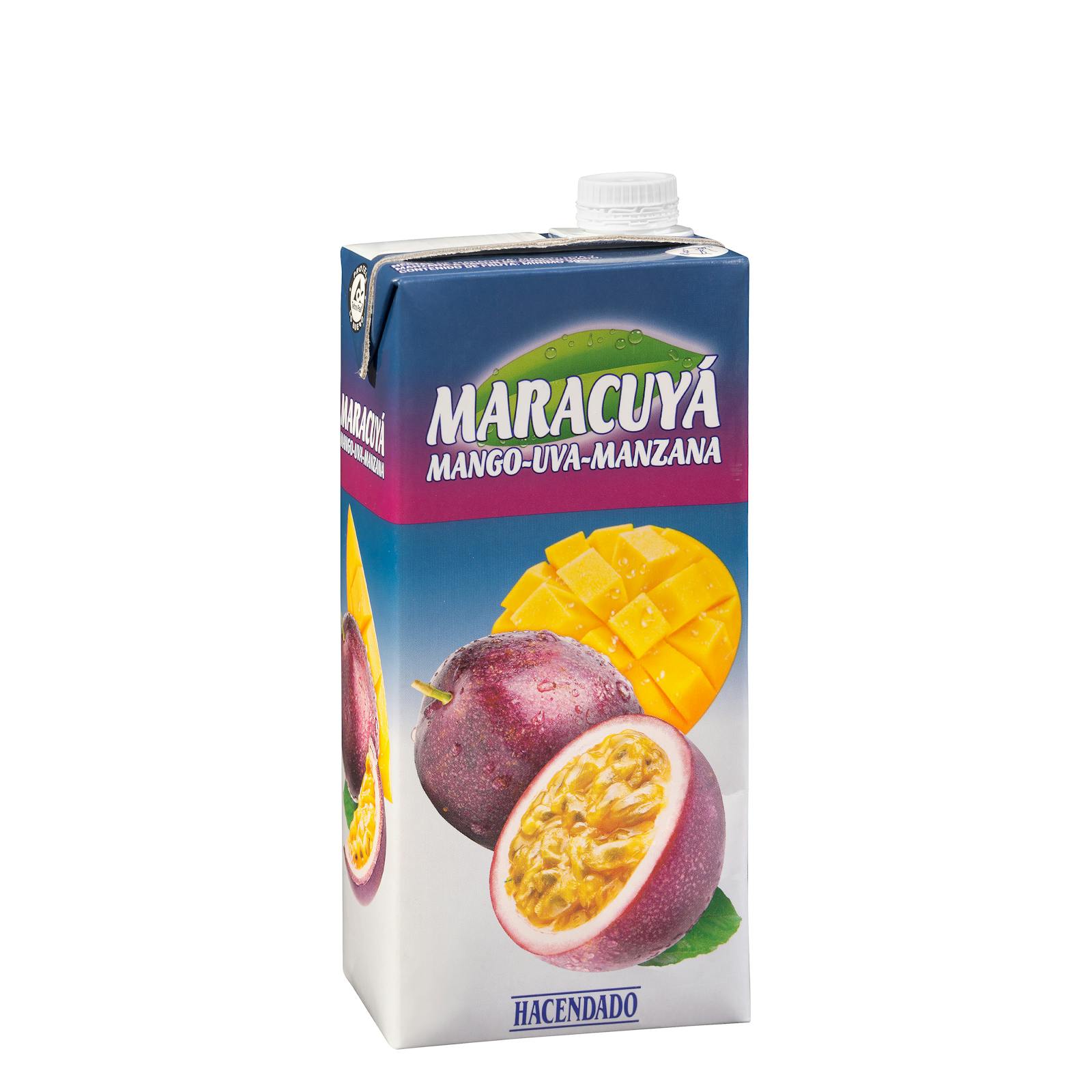 Nectar de fruit de la passion Hacendado, fruit de la passion, mangue, raisin et pomme