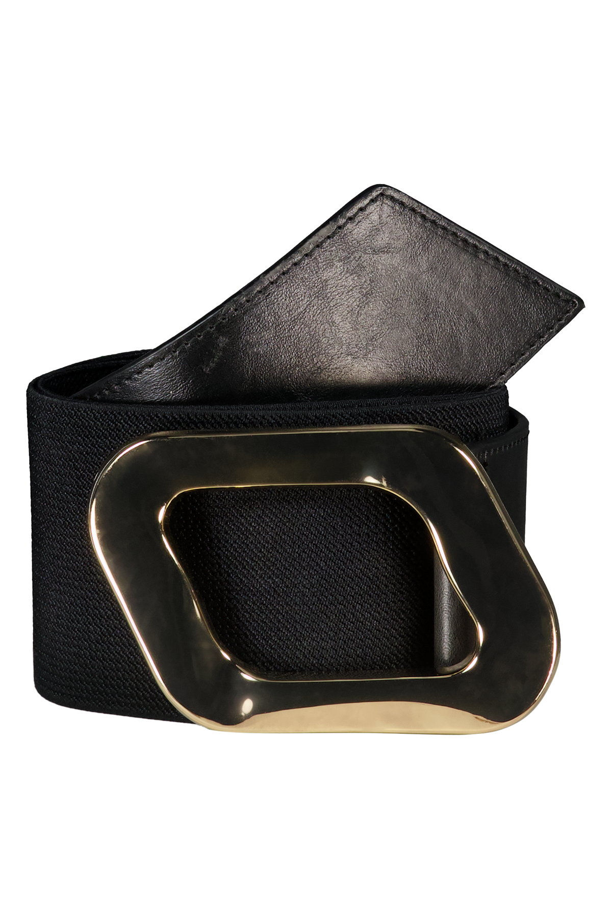 Elastische riem met leer detail en gouden gesp Zwart