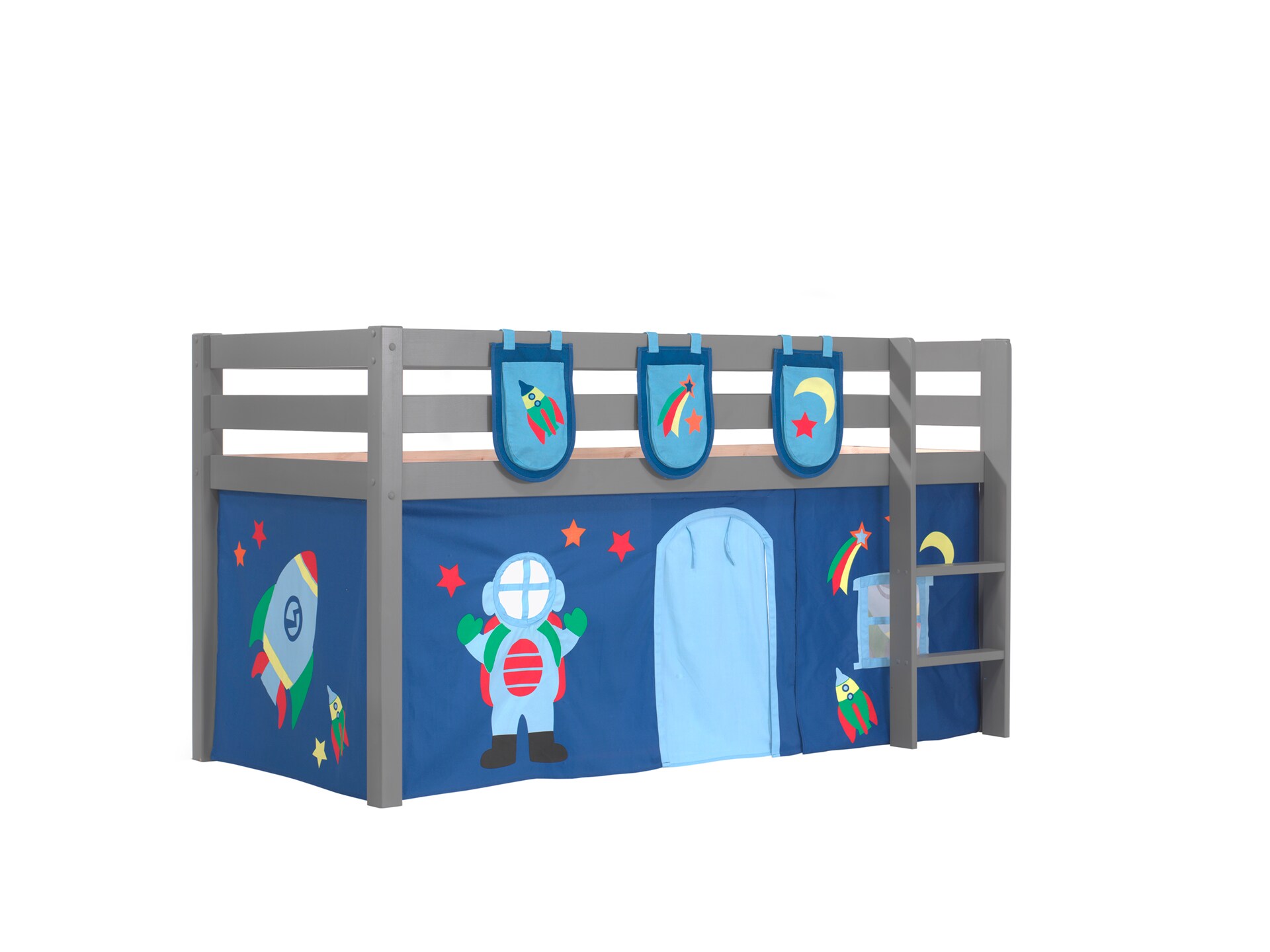 Spielbett Pino mit Textilset Vorhang und 3 Taschen versch. Designs