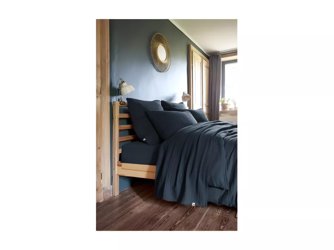 Drap plat 240 x 300 cm en double gaze de coton bleu nuit - PEPA