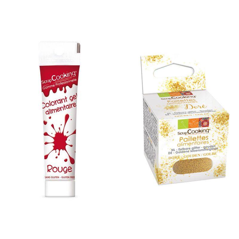 Gel colorant alimentaire rouge 20 g + paillettes dorées Scrapcooking