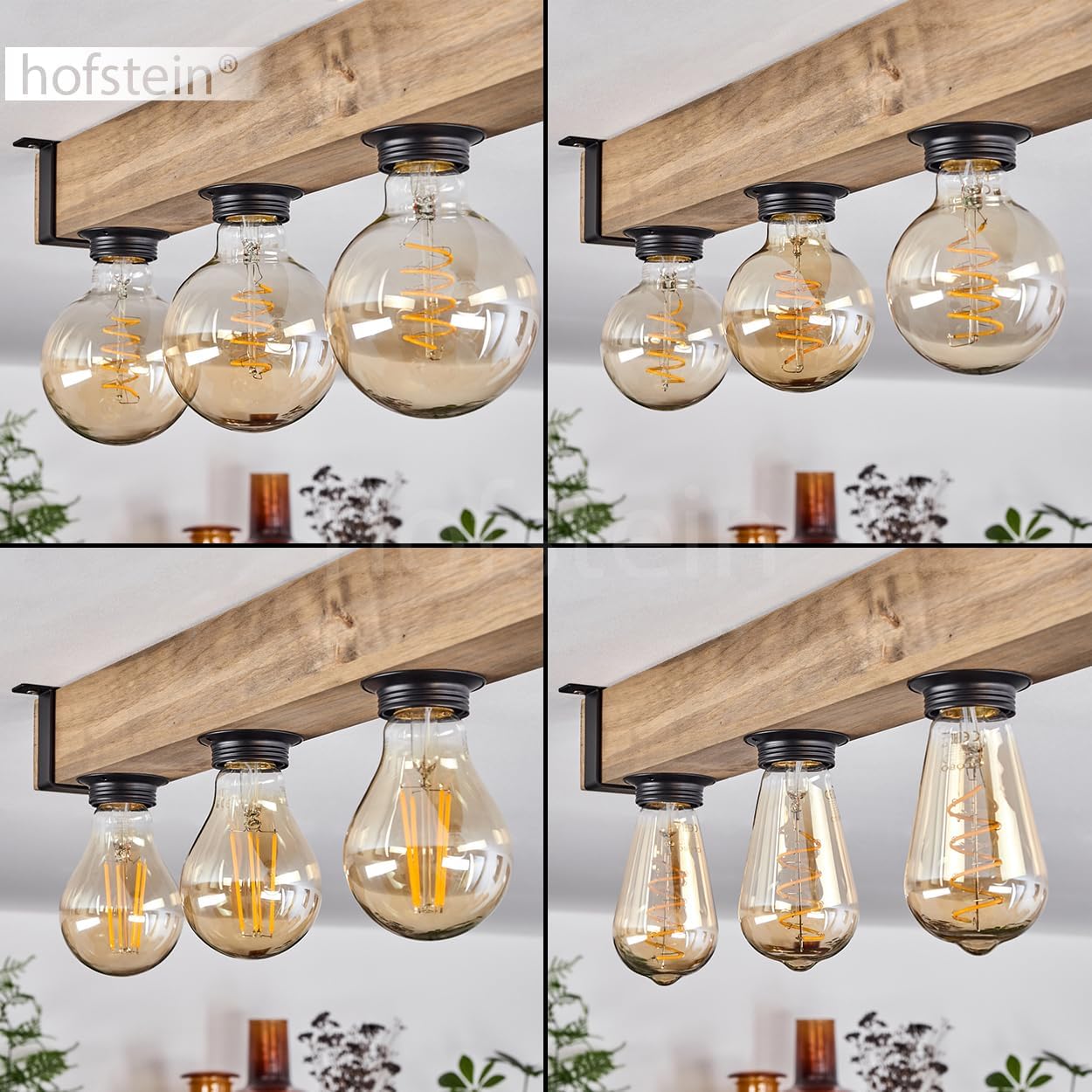 HOFSTEIN Deckenleuchte Montgomery - Moderne Deckenlampe aus Metall und Holz, Schwarz/Natur - 6 x E27-Fassung - Industrial-Style, Retro Vintage - Holzlampe, Flurlampe für Küche und Wohnzimmer