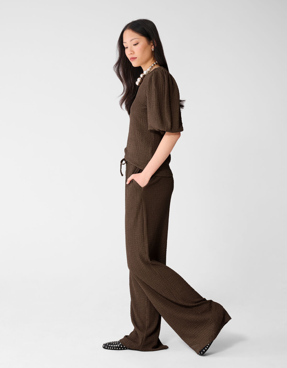 Crinkle Wide Leg Fit Broek Bruin