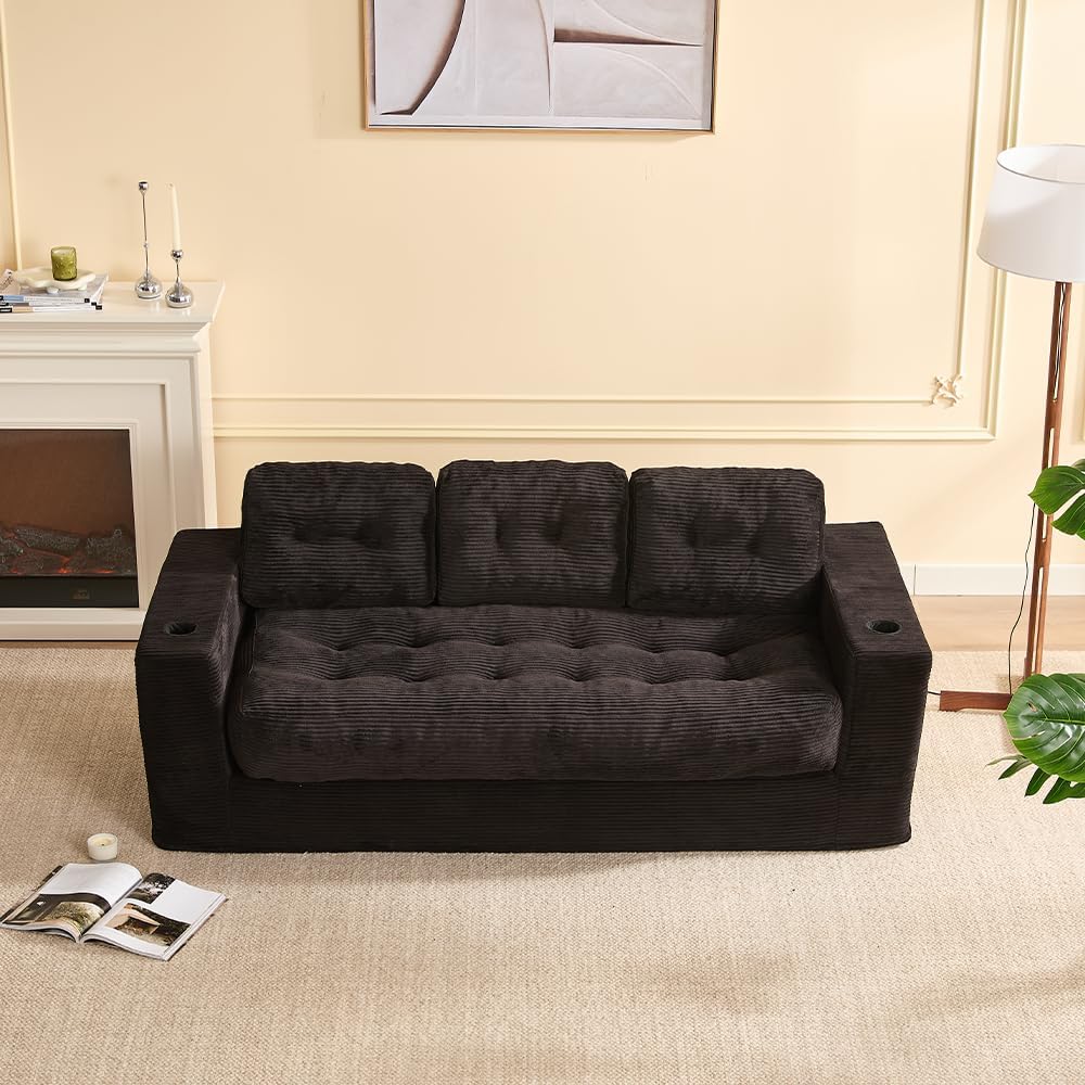 3-Sitzer Sofa 190 cm für Wohnzimmer, Boneless Cord-Bodensofa mit Kissen, Armlehnen & Doppel-Getränkehaltern, mit Rückenlehne, kein Aufbau nötig, kleines Mini Sofa, Schwarz