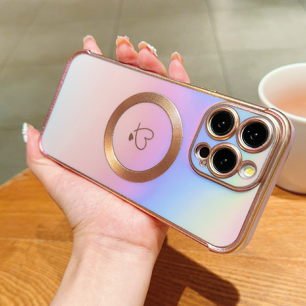 iPhone 16 Pro Max MagSafe Gummi Case Hülle Galvanisierter Rahmen Farbverlauf   Kameraglasschutz - Lila / Gold