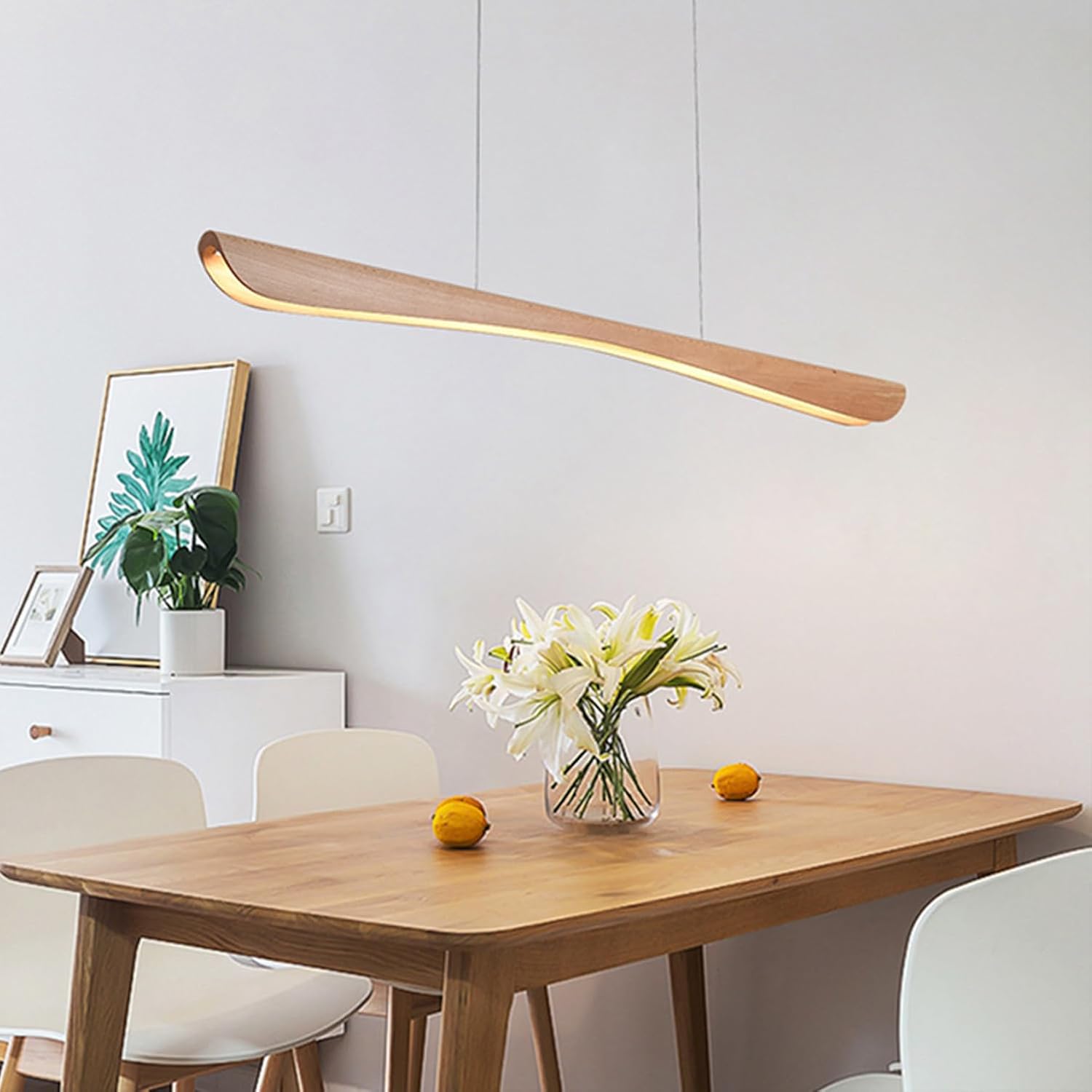 LED Pendelleuchte esstisch holz Dimmbar, Moderne Hängelampe mit Fernbedienung,Linear Design Hängeleuchte Esstisch lampe, Höhenverstellbar Holzlampe für Esszimmer Büro Küchenlampe (100cm)