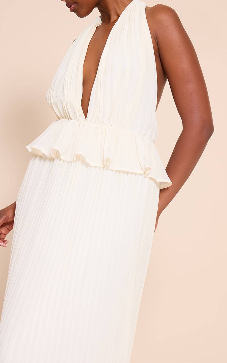 Pale Yellow Robe Longue Plissée À Col Licou Avec Détails De Volants