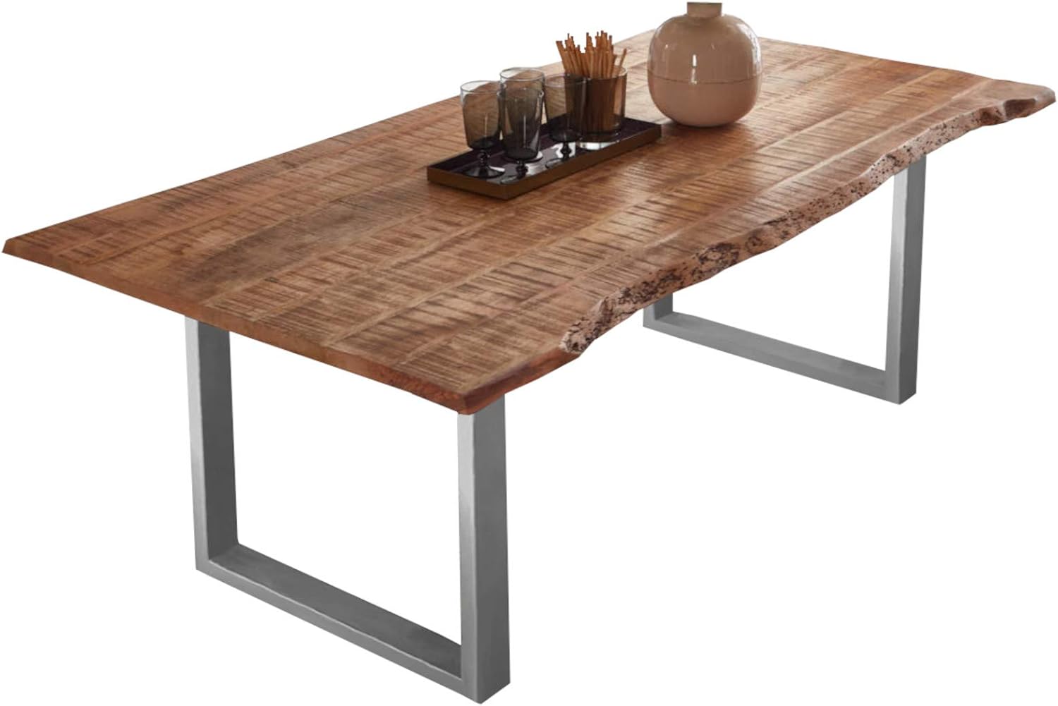 SAM Esstisch 140 x 80 cm Norina, Mangoholz massiv, lackiert & naturfarben, Baumkantentisch mit U-Metallgestell in Silber, echte Baumkante