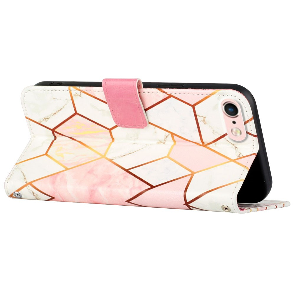 iPhone SE (2022/2020) / 8 / 7 / 6S Leder Tasche mit Kartenfach   Handschlaufe Geometrisches Muster - Rosa / Weiss