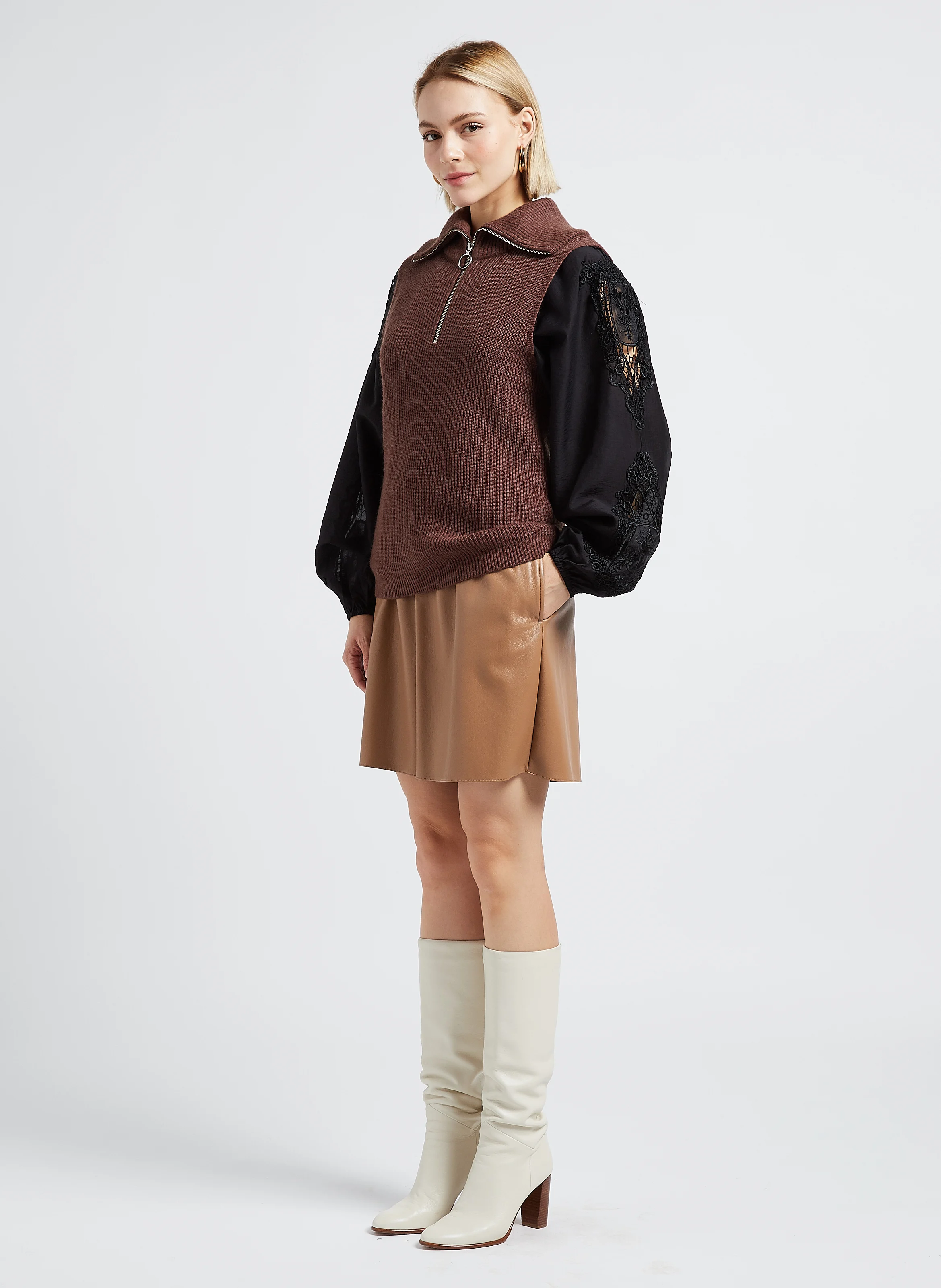 RIL - Pull col camionneur sans manches| Marron