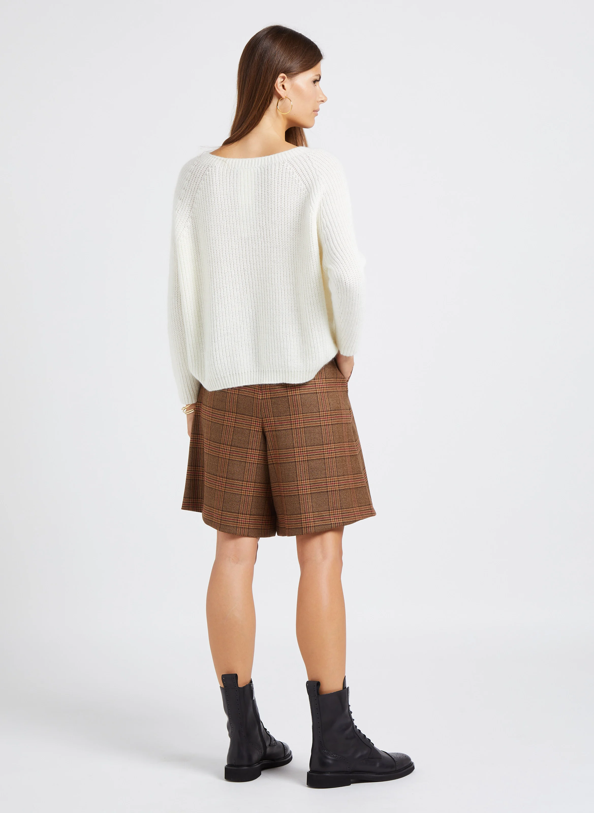 BRAMA - Short taille haute à carreaux en laine | Marron
