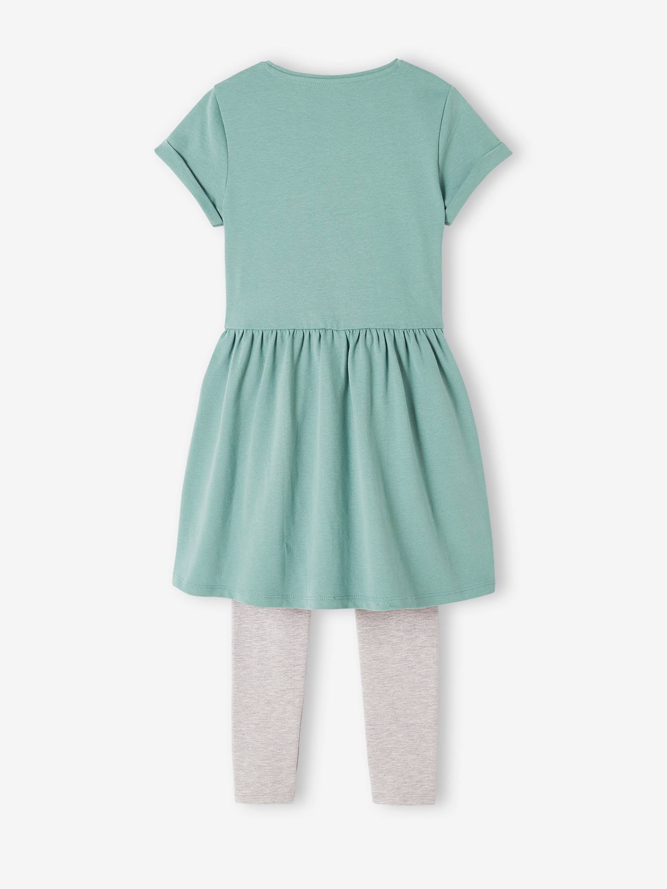 Conjunto de duas peças: vestido e leggings com detalhes iridescentes, para meninas na cor verde esmeralda.