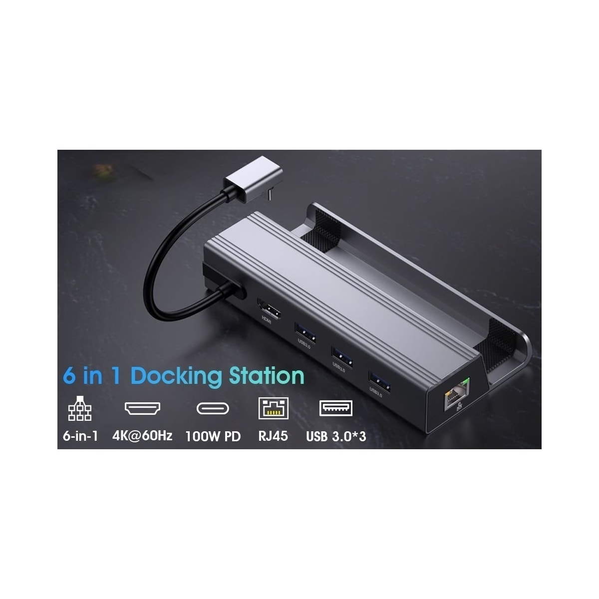 NÖRDIC Steam Deck-dokkingstasjon 1 til 6 - 1xHDMI4K60Hz, 1xUSB-C PD100W, 3xUSB-A 3.1 5Gbps, 1xRJ45 GigaLAN